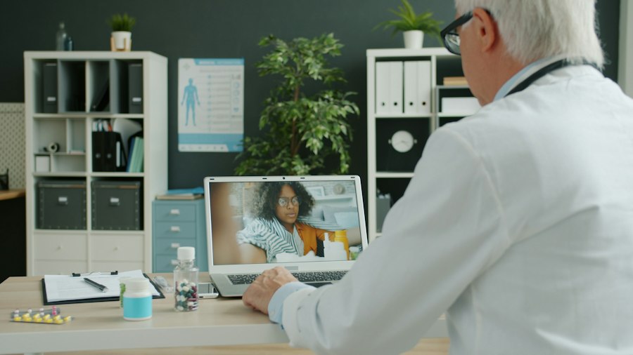 Doctor consults with patient via video call. Stock photograph, not taken at any listed clinic.